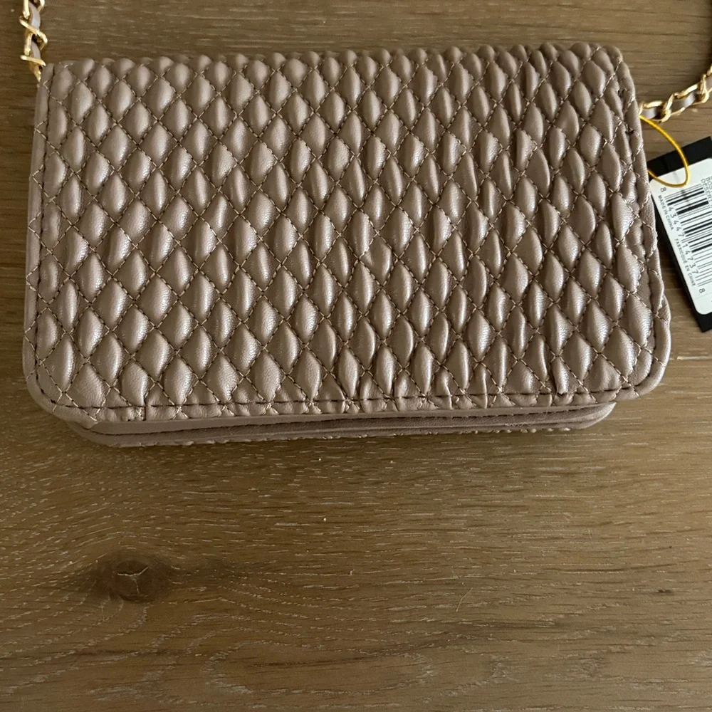 bebe Quilted Taupe Crossbody Bag with Gold Chain